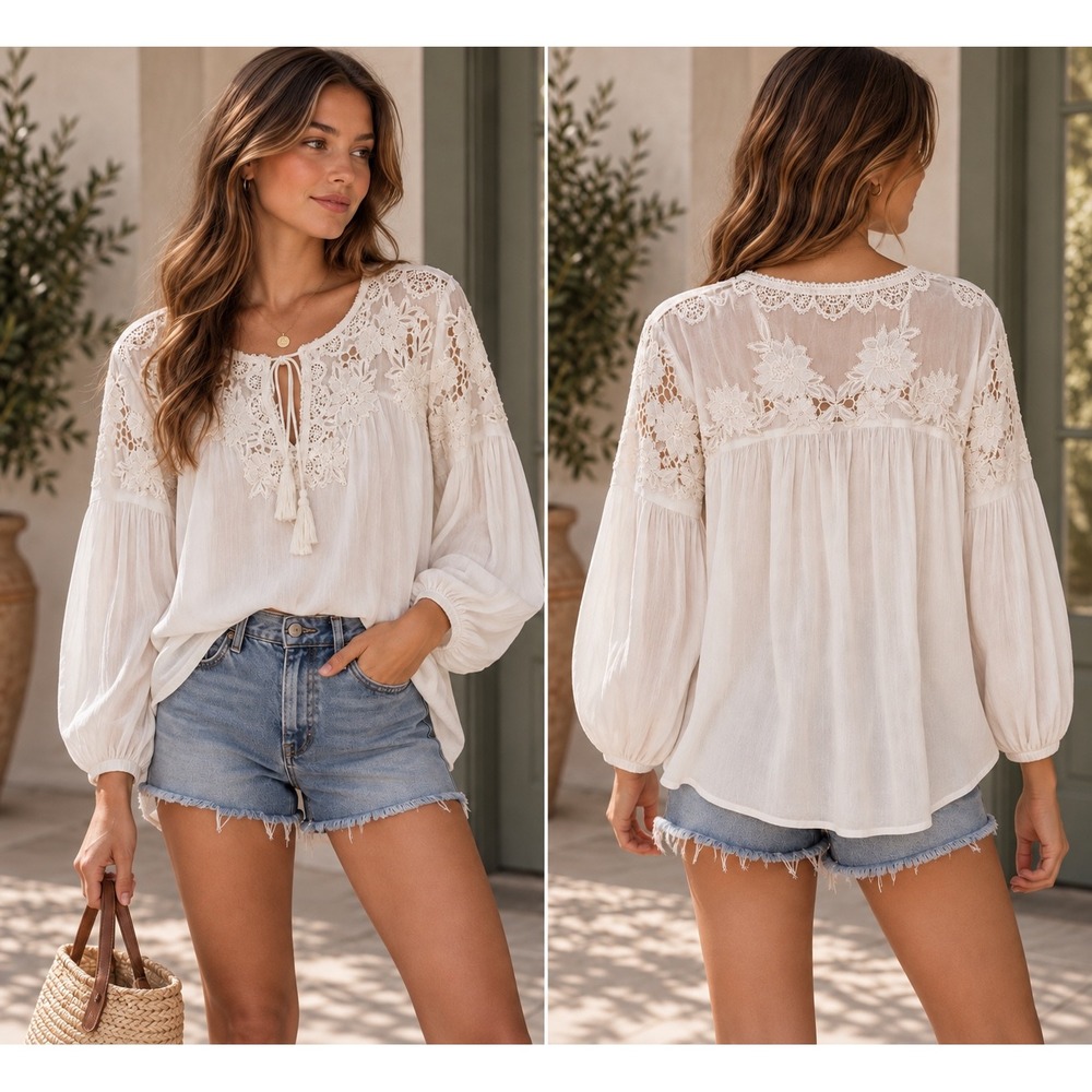 Chicos‎ White Lace Embroidered Peasant Blouse Tassel Boho Top Size 2 Large 12/14